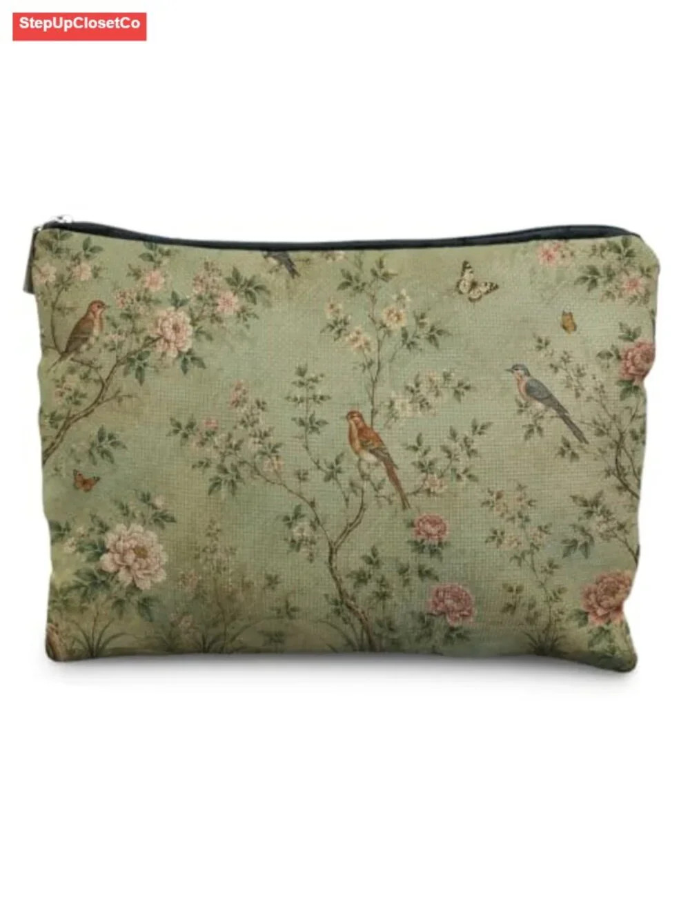 Chinoiserie Floral Cosmetic Bag for Women | Linen Toiletry Zipper Pouch Travel